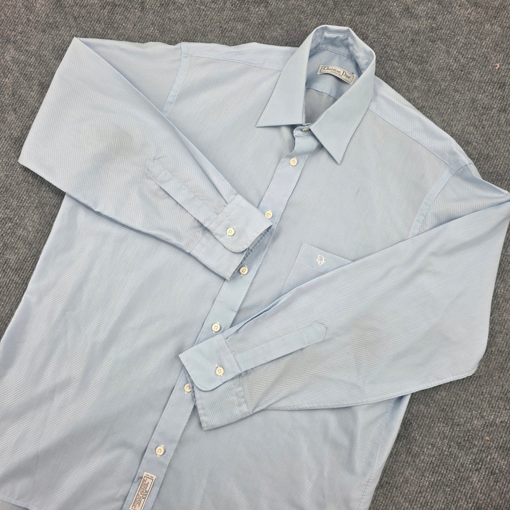 Christian Dior Chemises Mens Vintage Light Blue Textured Stripe Dress Shirt L - Picture 1 of 10
